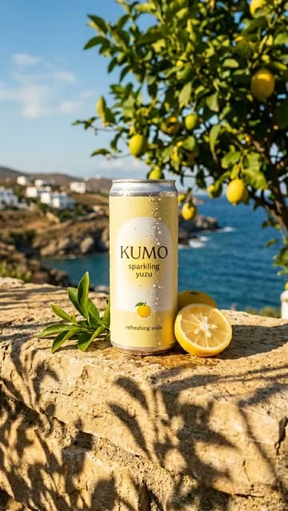 A slow push-in on a can of KUMO sparkling yuzu on a sunny stone wall