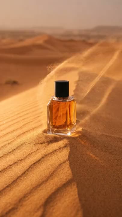 A perfume bottle on a dune as the wind streams sand past it at sunset
