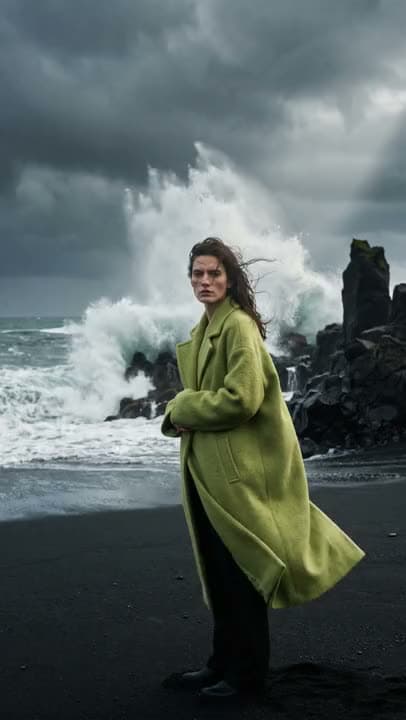 A model in a lime coat on a black-sand beach as a wave explodes behind her