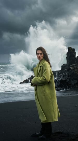 A model in a lime coat on a black-sand beach as a wave explodes behind her: the still at 0:00.6