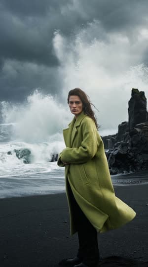 A model in a lime coat on a black-sand beach as a wave explodes behind her: the still at 0:01.9