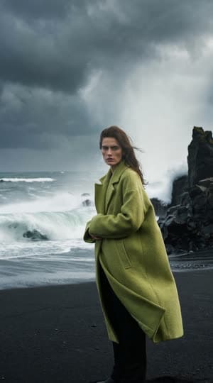 A model in a lime coat on a black-sand beach as a wave explodes behind her: the still at 0:03.1