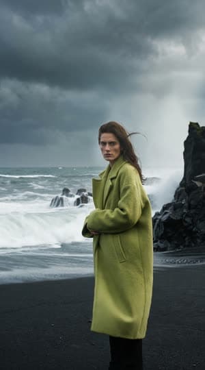 A model in a lime coat on a black-sand beach as a wave explodes behind her: the still at 0:04.4